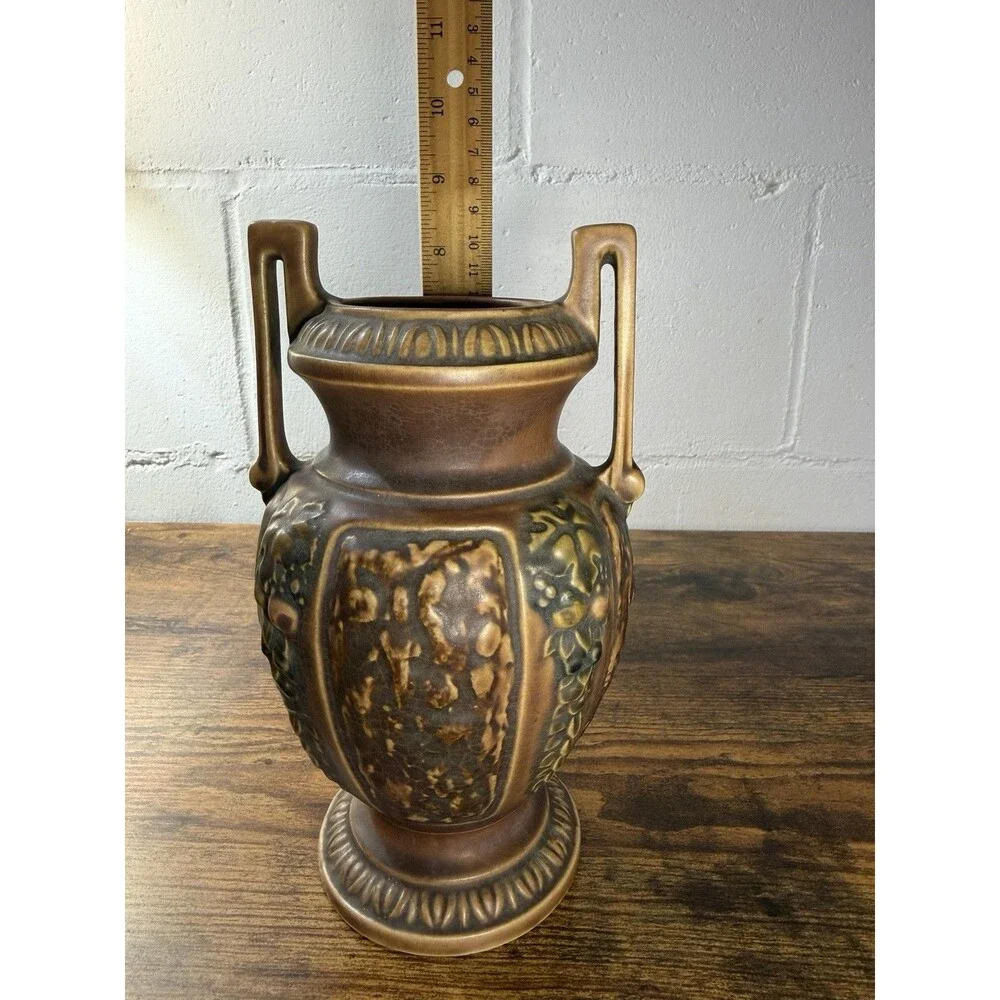 Roseville Pottery Grapevine Amphora Vase Double Handle Brown Art Pottery 8.5”